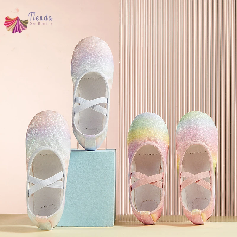 

Балетная кожаная обувь для девочек, блестящие градиентные цвета, балетки, тапочки для малышей, мягкая разделенная подошва, детская танцевальная обувь, йога, тренажерный зал, практика