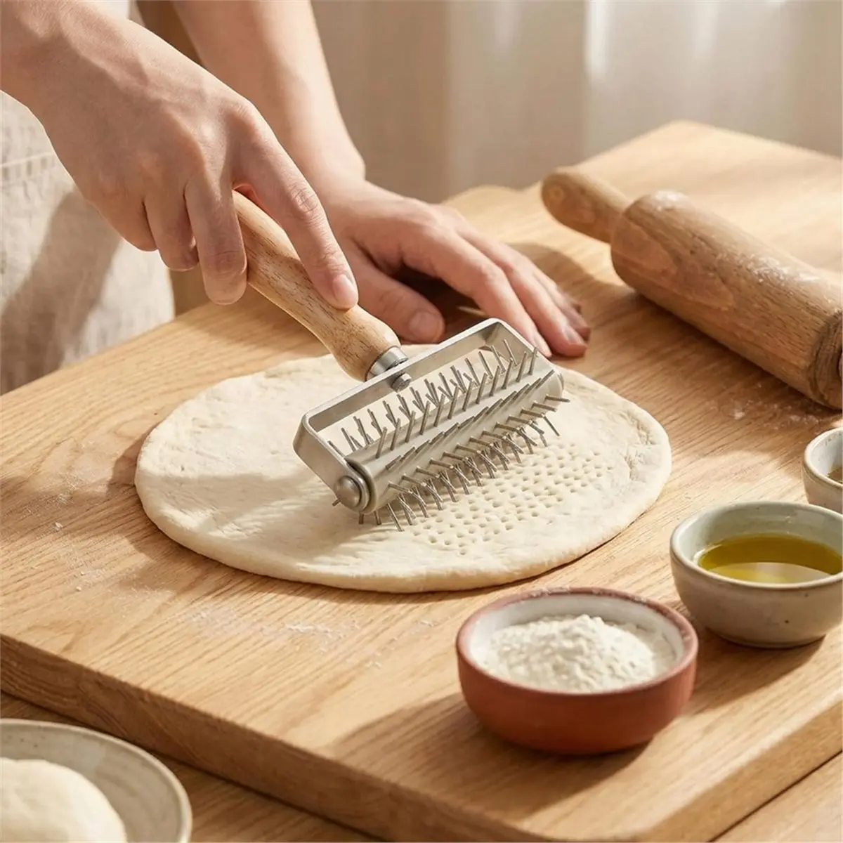 Pizza Dough Roller & Dough Docker,Dough Hole Maker Puncher Wooden Rolling Pin for Pizza,Cookie,Pie,Pastry,Bread,Crust