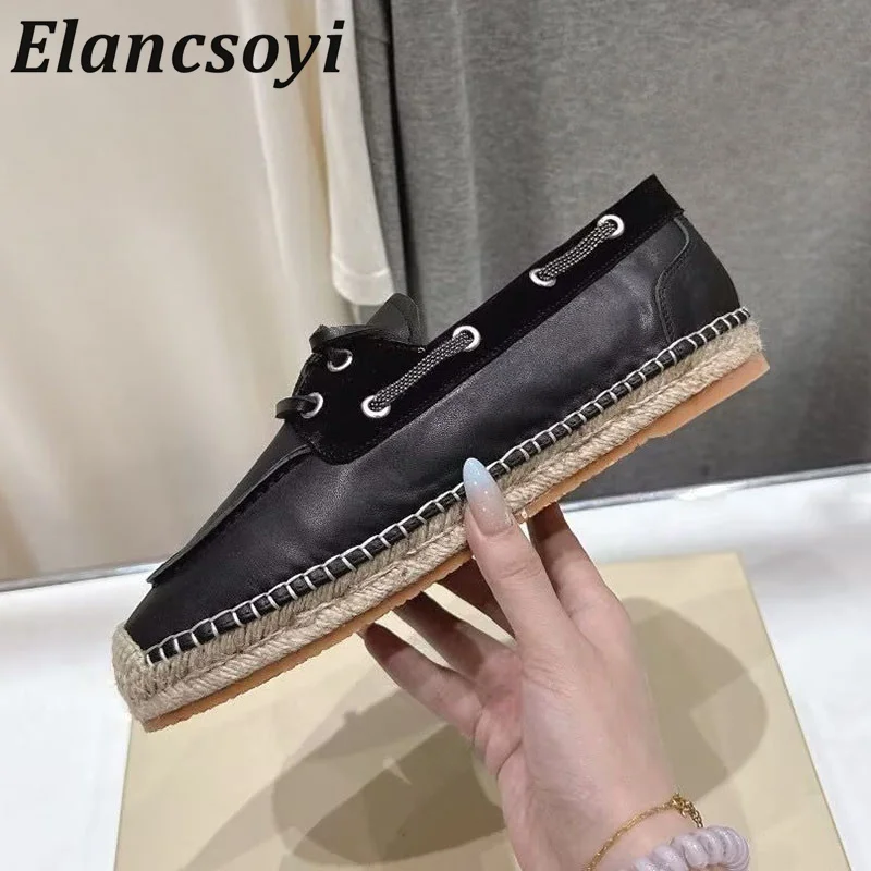 Flat Shoes Spring Autumn Genuine Leather Cross-tied Design Loafer Women Round Toe Mixed Colors Retro Versatile Single Shoes