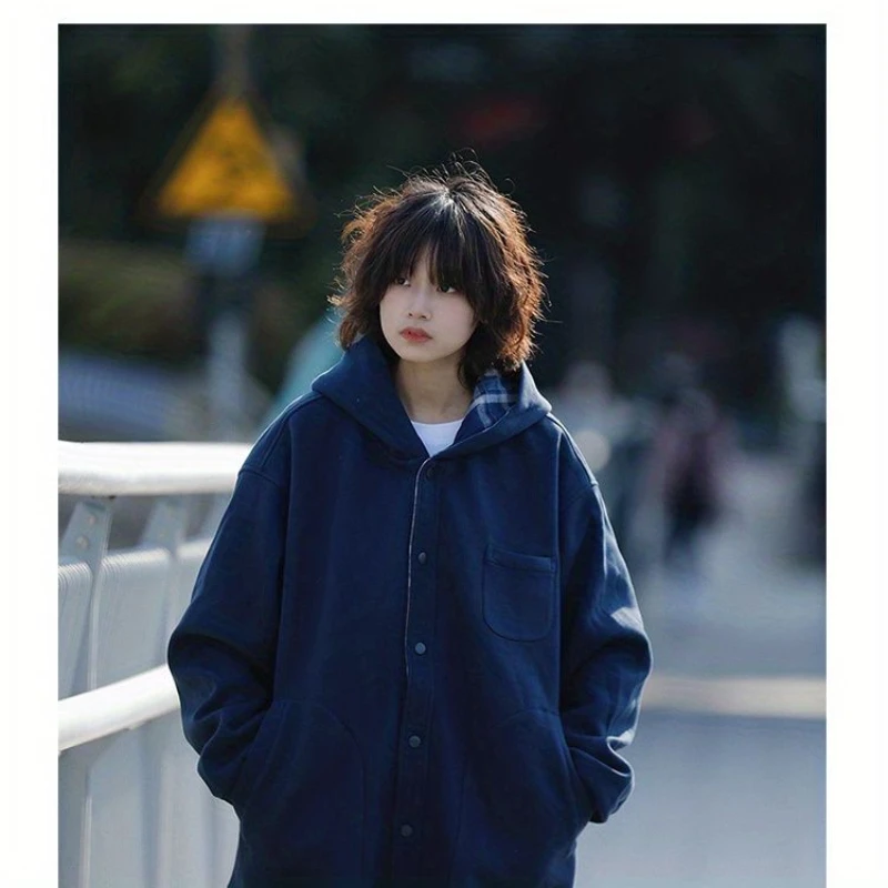 Japanese spicy girl retro solid color plaid hooded cardigan sweatshirt spring autumn American loose casual couple sweatshirt