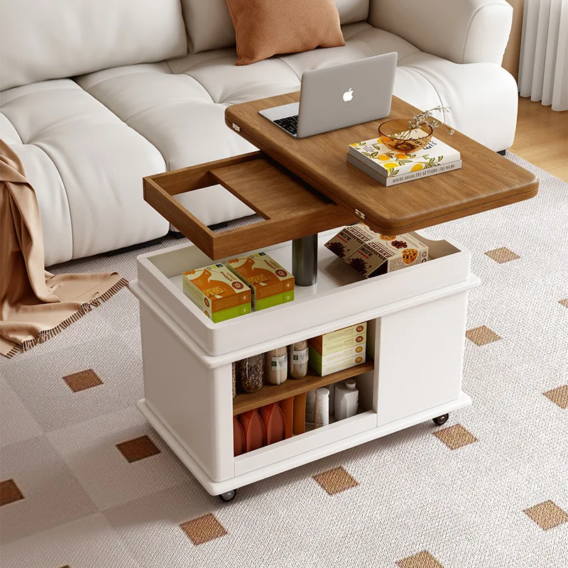 Foldable coffee table lifting trolley side table multi-functional storage rotating countertop household folding small dining