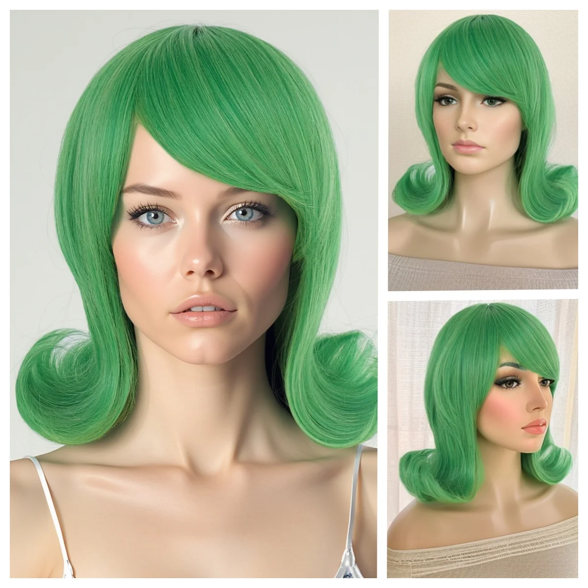 

Short Green Retro Beehive Flip Bouffant Women's Synthetic Cosplay Wig for Halloween 60s 70s Retro Wavy Wigs with Bangs