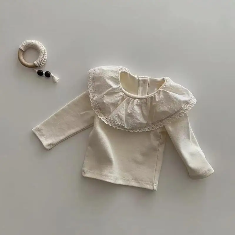 

0-2y Pullover Lace Ruffle Collar Tops Girl Baby Solid Vintage Bottoming Shirt Spring Cotton Clothes Infant Newborn Girls Tees