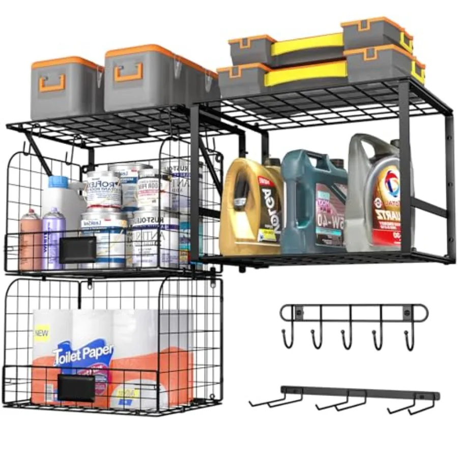 

Garage Shelf Wall Mounted with Wire baskets Heavy Duty Garage Wall Shelving with Garden Tool Rack and Hooks Wire Shelf Baskets