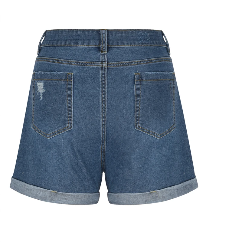 High quality summer women's straight leg dark blue roll-up pocket small worn denim shorts hot pants for women