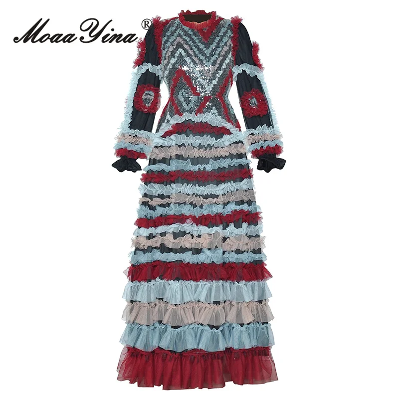 تنورة MoaaYina برقبة دائرية وأكمام فانوس شبكية مطرزة بحافة مكشكشة فستان طويل عصري لخريف 2025 #2