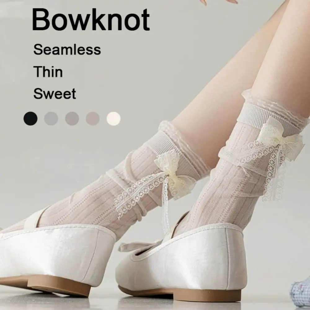 

3Pairs Soft Ruffle Mesh Bowknot Socks Breathable Ballet Style Mid Tube Socks Lolita Female Hosiery Sweet Socks Women Girl