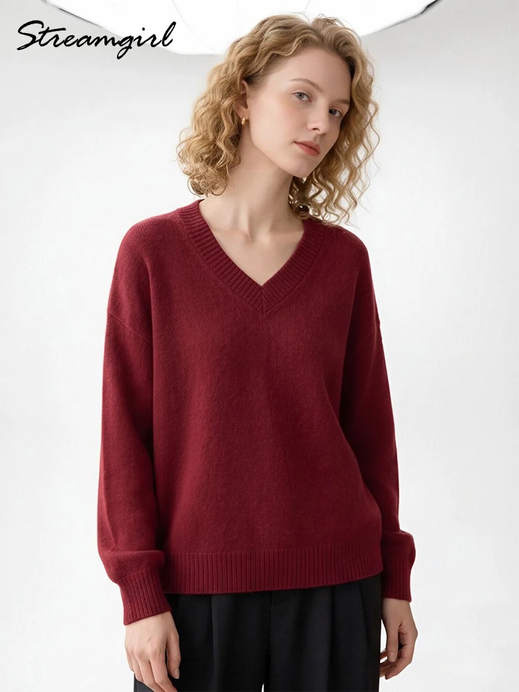 Women's Sweater And Pullovers For Winter Autumn V Neck Knit Jumpers Loose Basic Thick Burgundy Warm Sweaters For Women Tops