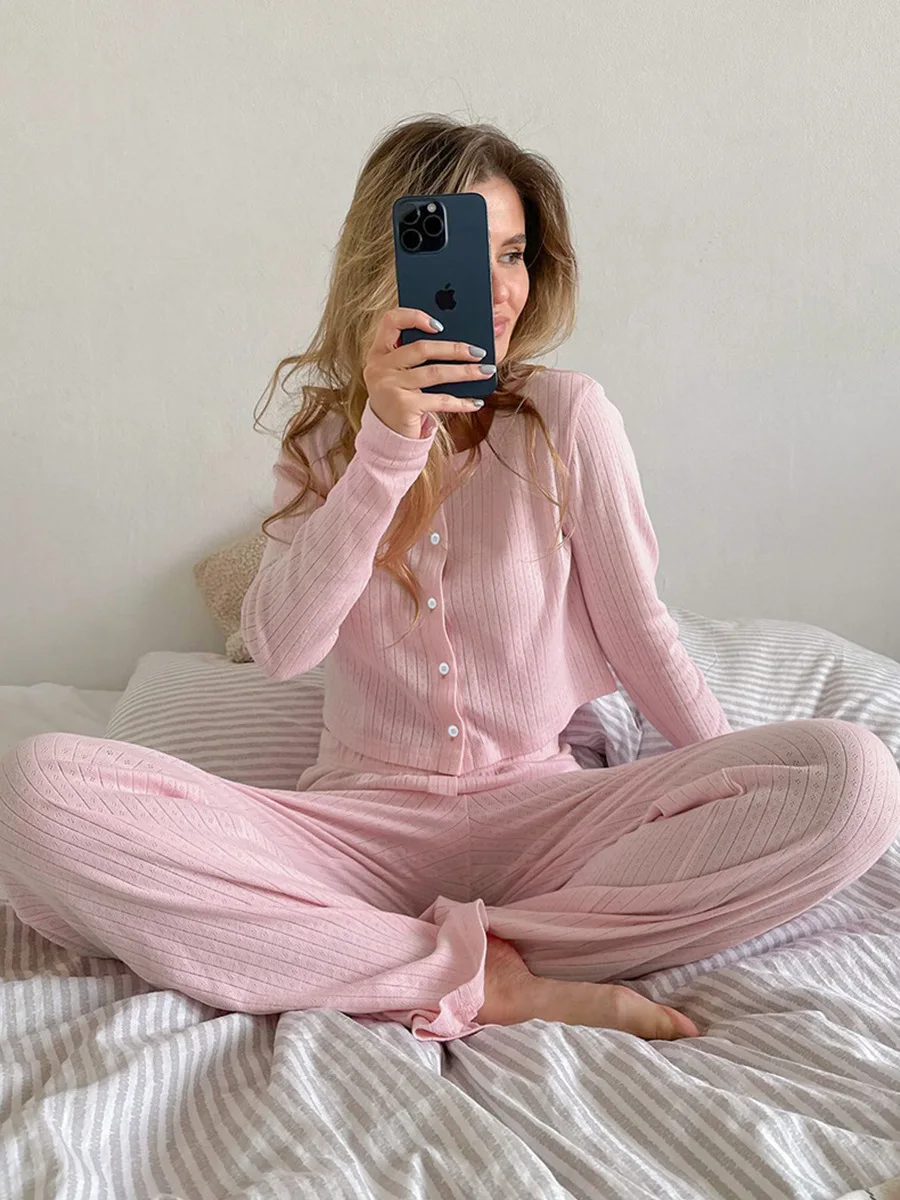 Muzuleva Knitted Hollow Pajamas Set Autumn New Cardigan Long Sleeved Pants Casual Home Wear Women\'s comfortable Sleepwear Suits