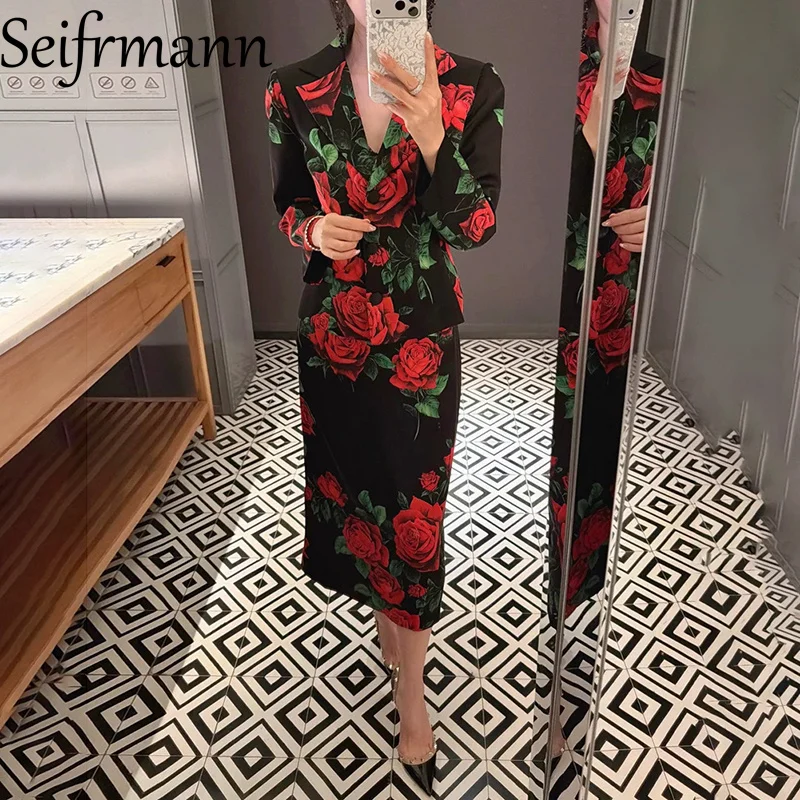 Seifrmann Casual printed silk two-piece lapel long-sleeved coat high waist hip skirt suit 2026 autumn women's new style