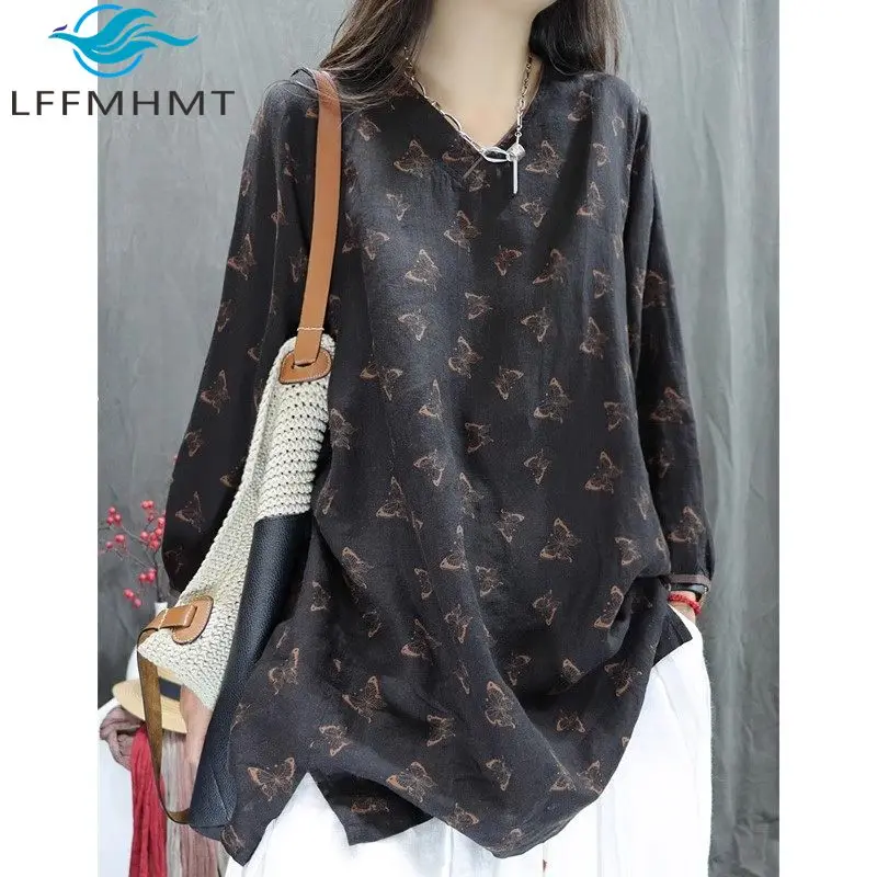

Early Spring Vintage Print V-neck Shirt for Women Pure Cotton Loose Casual Easy Match Blouse Female Retro Daily Wear