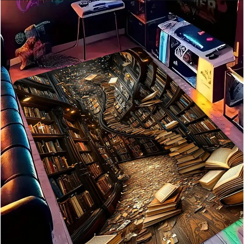 Enchanted Library Rug 3D Book Lover Carpet Fantasy Study Room Floor Mat with Spiral Staircase Bookshelf Design NonSlip Area Rug