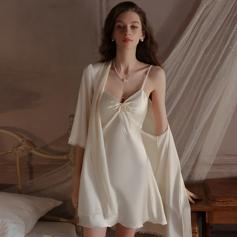 Elegant Satin Pajama Set for Women Bow Backless V Neck Camisole Night Dress with Padded Summer Silk Sleepwear view 4