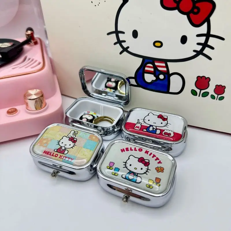 Hello kitty cartoon divided jewelry box small metal pill box portable packaging box travel portable moisture-proof sealed box