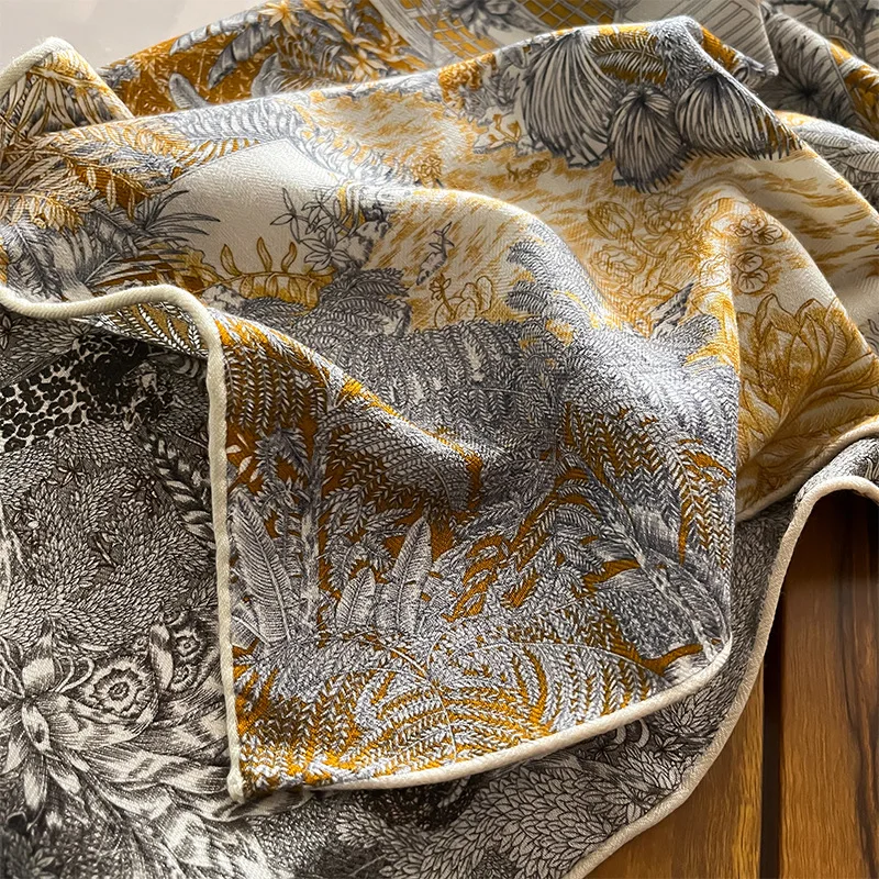 30% MULBERRY SILK 70% WOOL 65CM Square Scarf Double Sided Different Print Vintage Golden Floral Bird Neck Shawl Luxury Accessory view 5