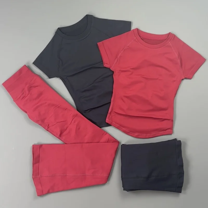 2 Pieces Gym Set Women Raglan Short Sleeve Curved Hem Athletic Top High Waist Flare Yoga Pants Yoga Workout Training Outfit