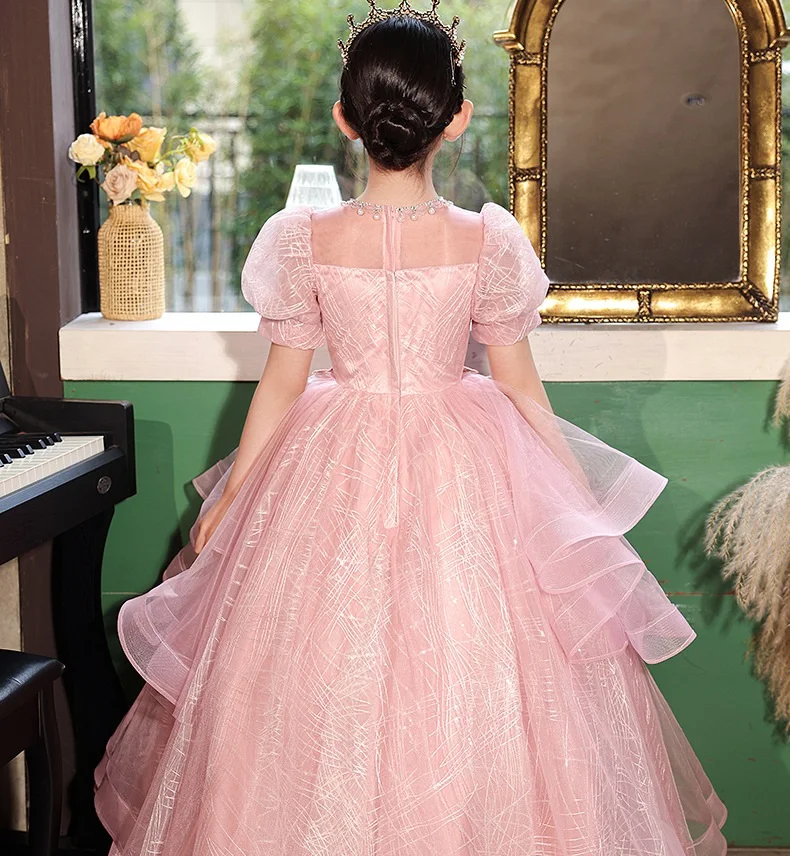 Kinder kleid rosa Blume Kinder Pailletten Perspektive sexy langes Kleid für Hochzeits ball Geburtstags feier Mädchen Brautjungfer Kleid Robe