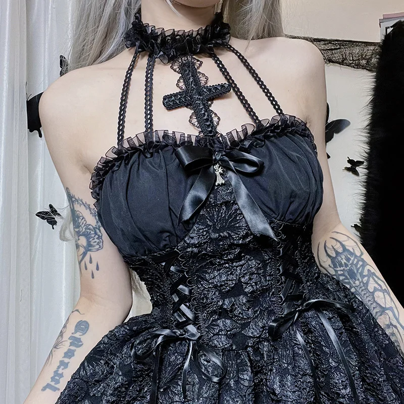 2024 New Halloween Dress Women Autumn Fashion Dark Gothic Strap Dress High Waist Sleeveless Breast Wrap Backless Party Dress