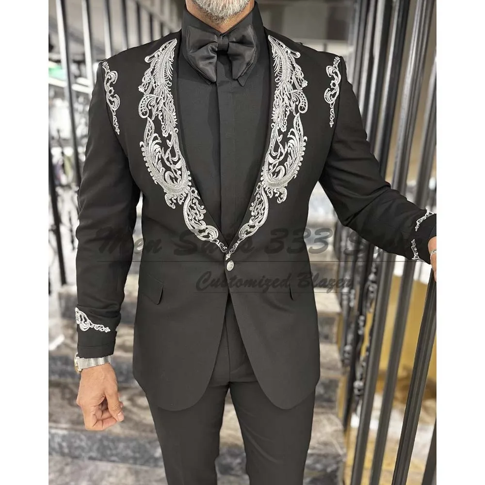 

Luxury Black Men's Suits Outfits Customized One Button Appliques Shawl Lapel Blazer High Quality 2 Piece Jacket Pants Oufits Set