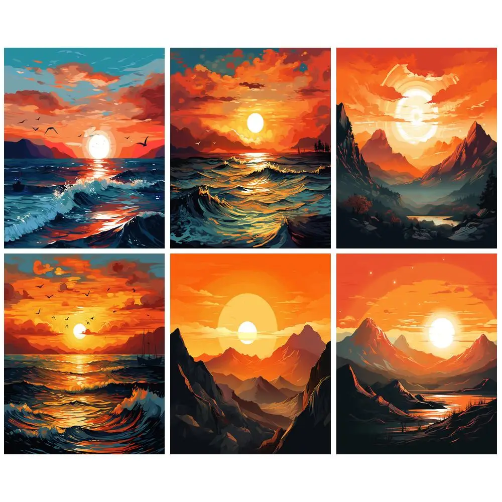 

CHENISTORY Painting By Number Sunset and Sea View Wall Art DIY Frame Picture By Numbers Acrylic Canvas Painting For Decoration