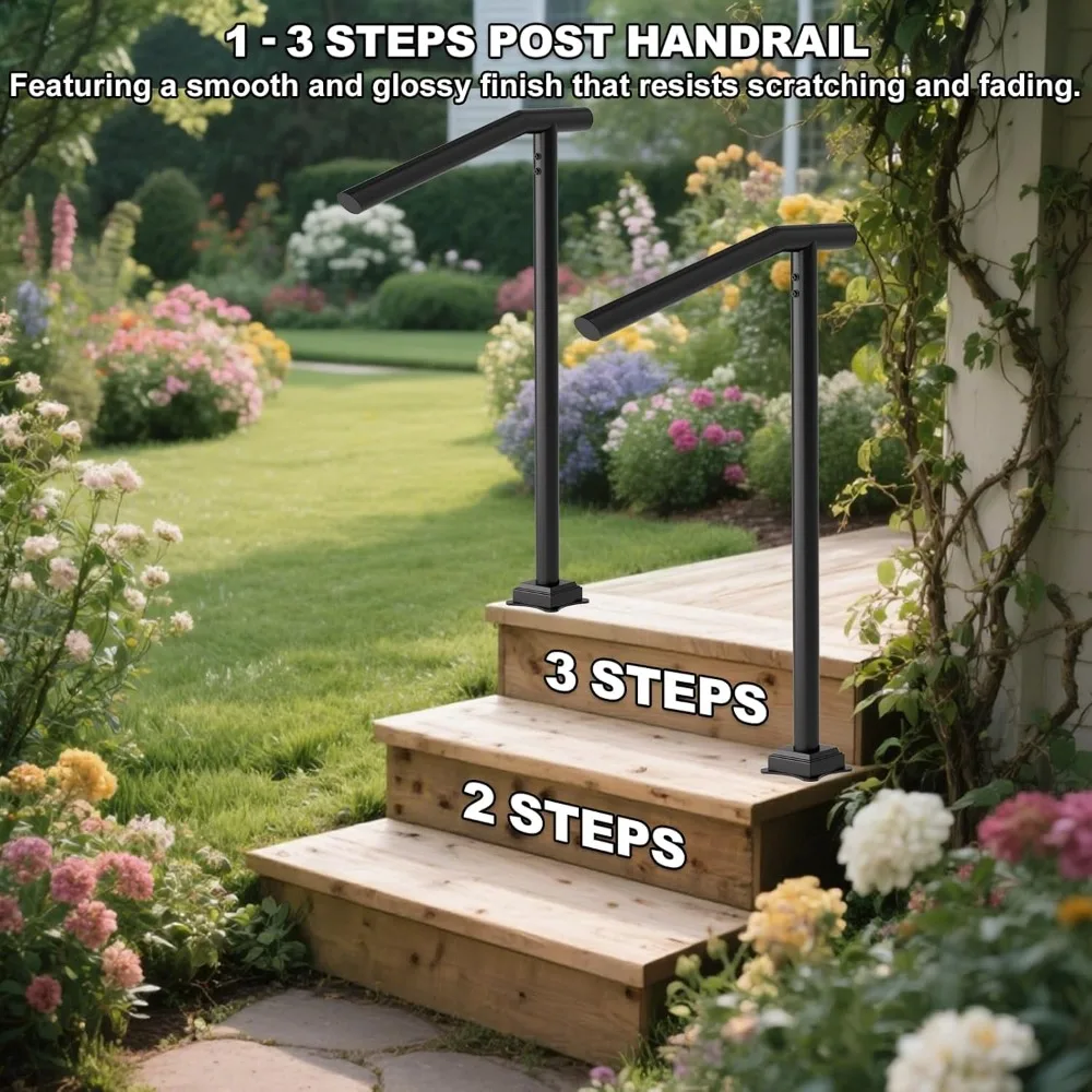 درابزين معدني عالي التحمل في الهواء الطلق لكبار السن - درابزين درج 1-3 خطوات، مطلي بالمسحوق، عمود فردي، نمط حديد مطاوع #2