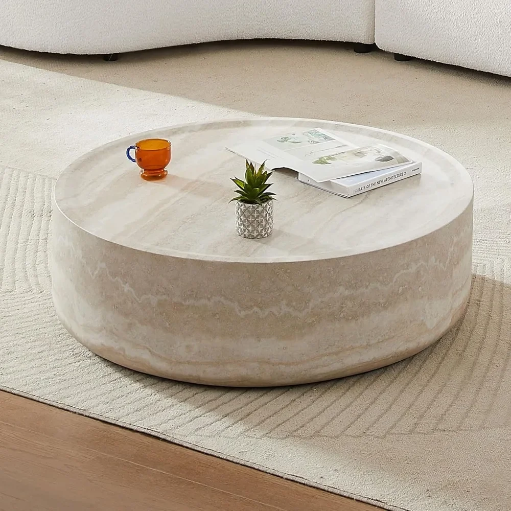 39.37” Round Coffee Table ,Travertine Textured Tables Fiberglass Center Side Tables for Living Room Office, Coffee Table