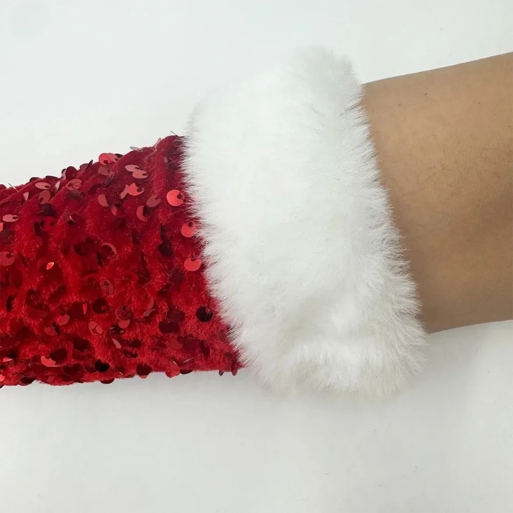 Red Christmas Glove with Shiny Sequin Holiday Decoration Exposed Finger Glove Fuzzy Hook Finger Clothing Performance Glove