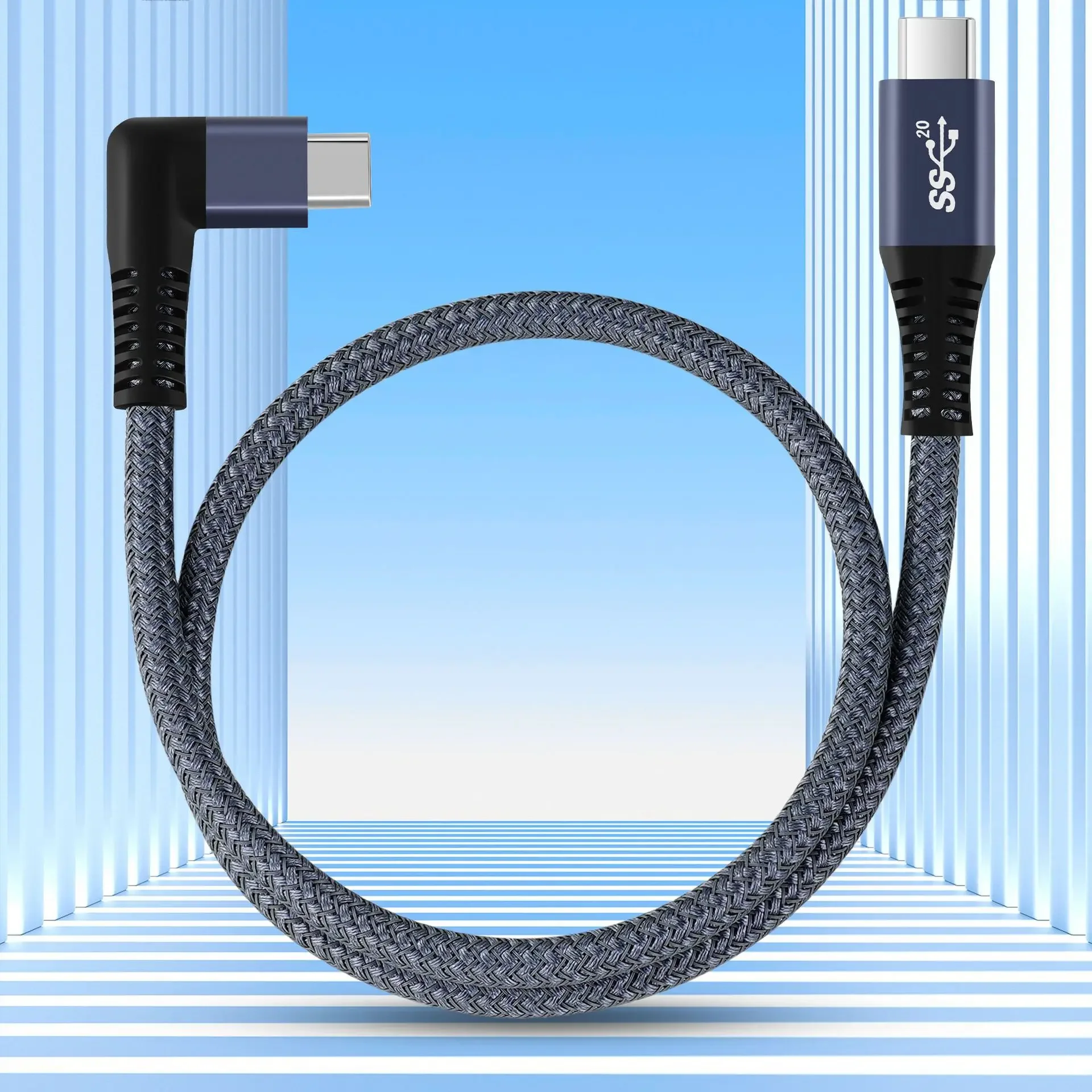 90 Degree Right Angle USB 3.2 10/20Gb Type-C Data Cable 4K@60Hz 5A 100W QC PD Charging Nylon Braid Cord for PC Mobile Phone