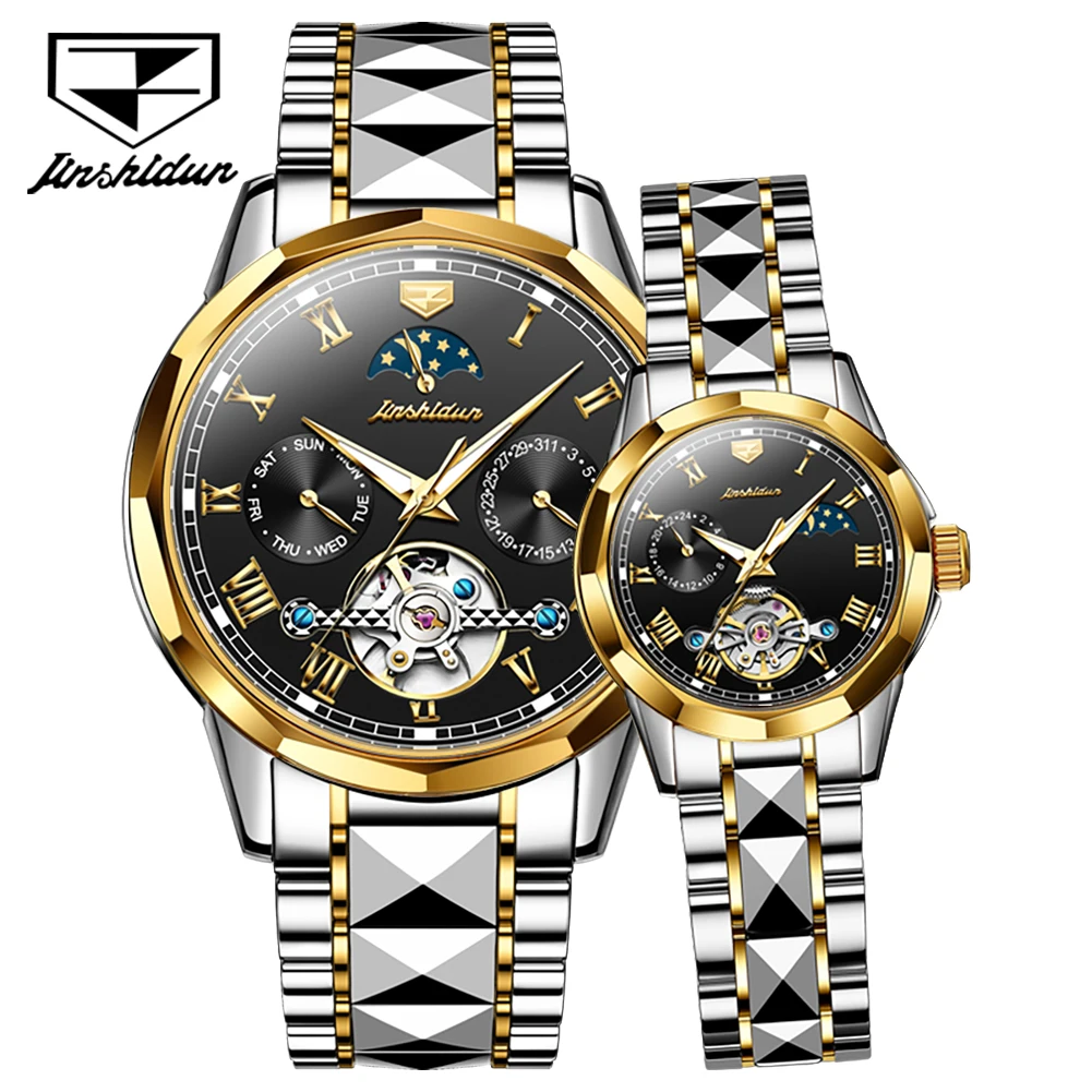 JSDUN 8937 Couple Watches Men and Women Automatic Mechanical Wristwatch Luxury Skeleton Waterproof Lover's Moon Phase Watch Gift