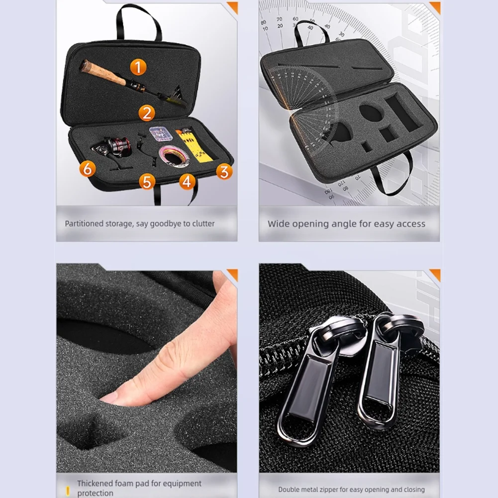 Fishing gear storage bag for reels fishing line portable handbag black 390g nylon fabric with compartments 44x23x7cm