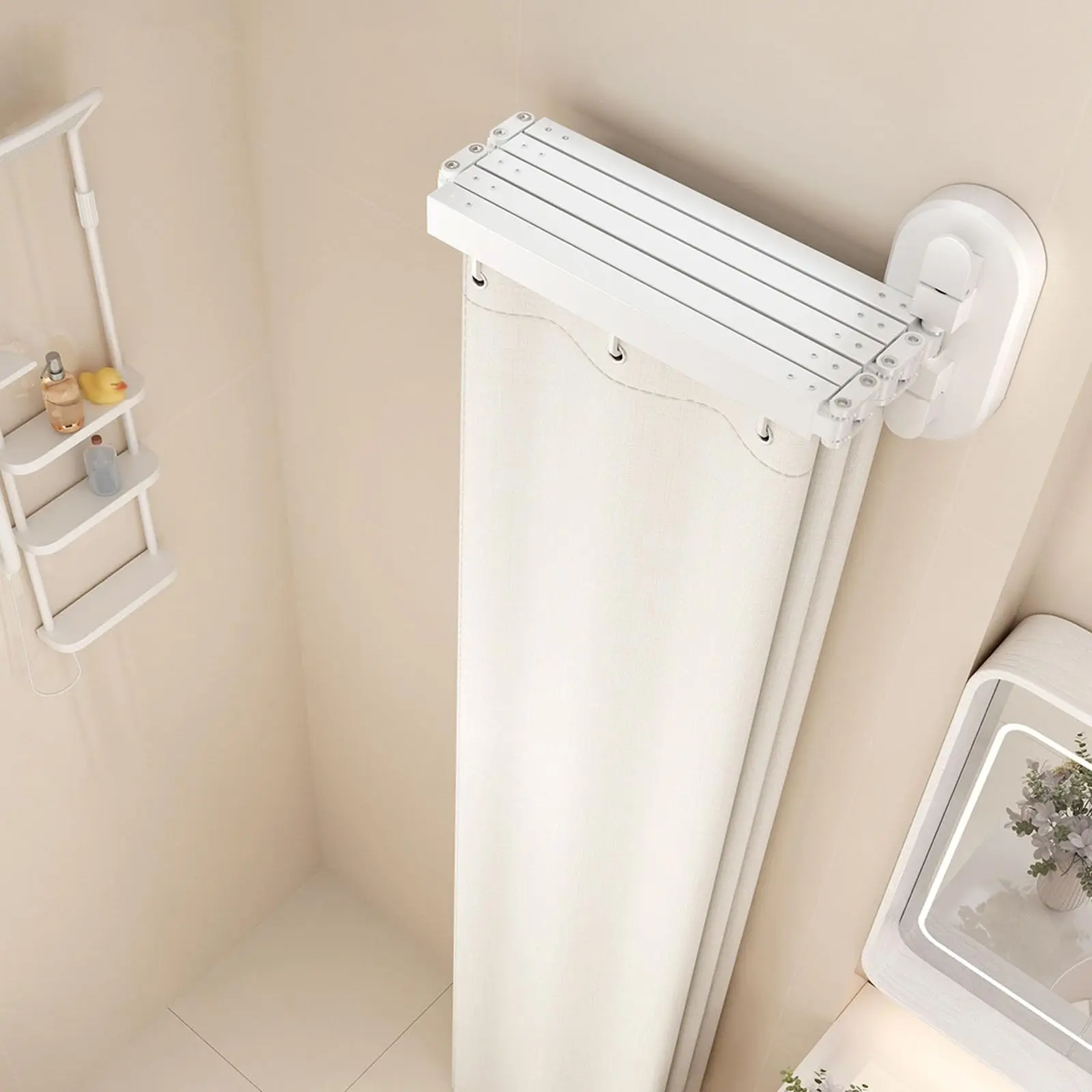 Folding Shower Curtain, No Drill Retractable Rod, 2/3/4/5 Fold, Waterproof Adjustable Angle, Reusable Retractable