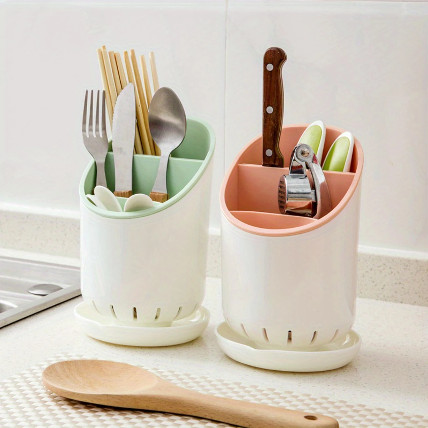 2-Piece Multifunctional Kitchen Utensil Holder - Plastic Chopstick Cage & Spoon  Rack With Drainage