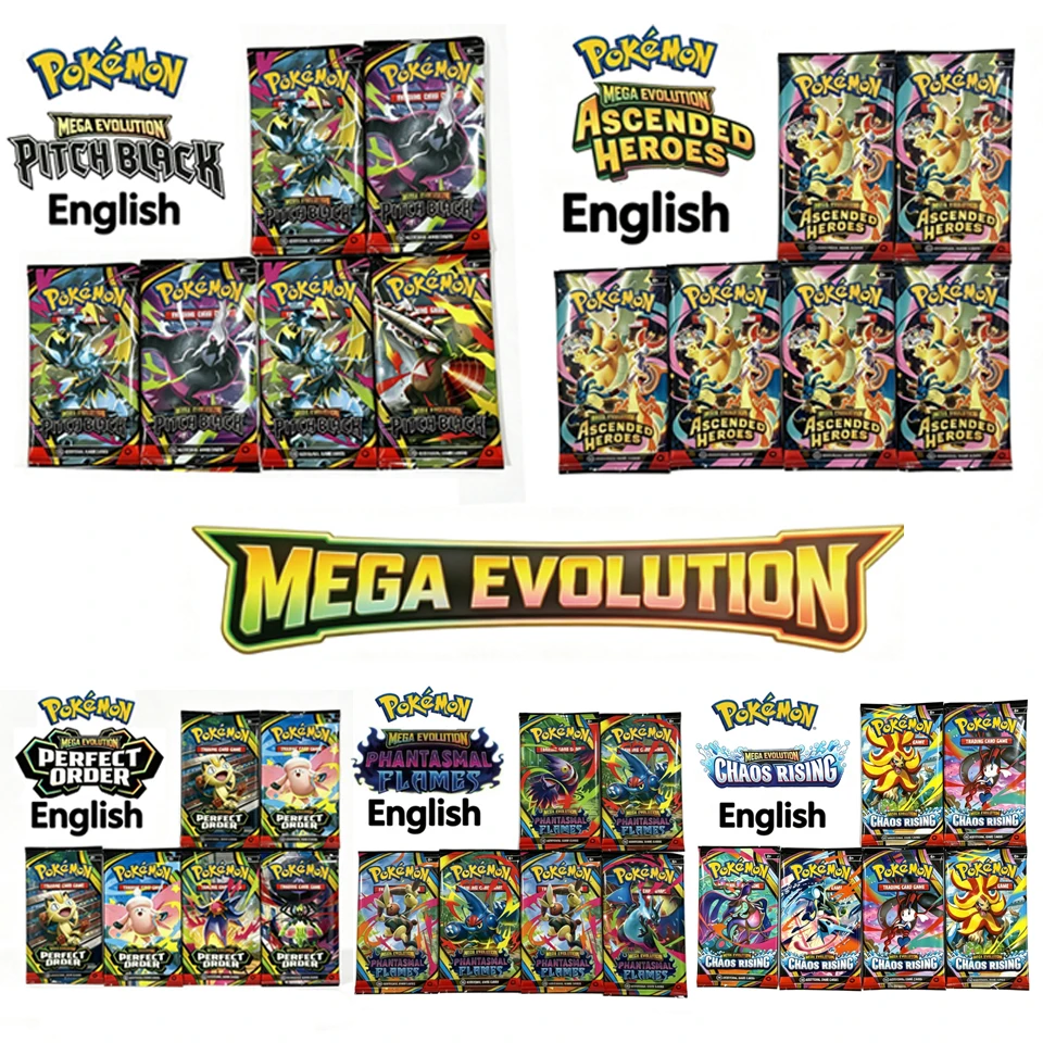 5 styles Mega Evolution Pokémon Booster Box Pitch Black Chaos Rising Ascended Heroes Phantasmal Flames Collectible Card Game