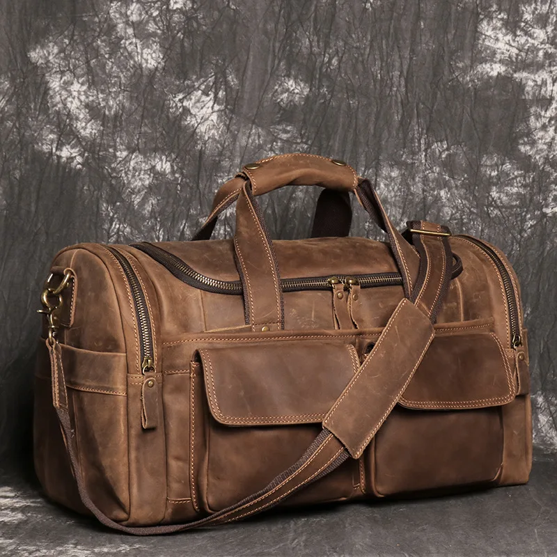 Nesitu Highend Large Vintage Brown Genuine Crazy Horse Leather Business Men Travel Bags Shoulder Messenger gym Duffle Bag M0571