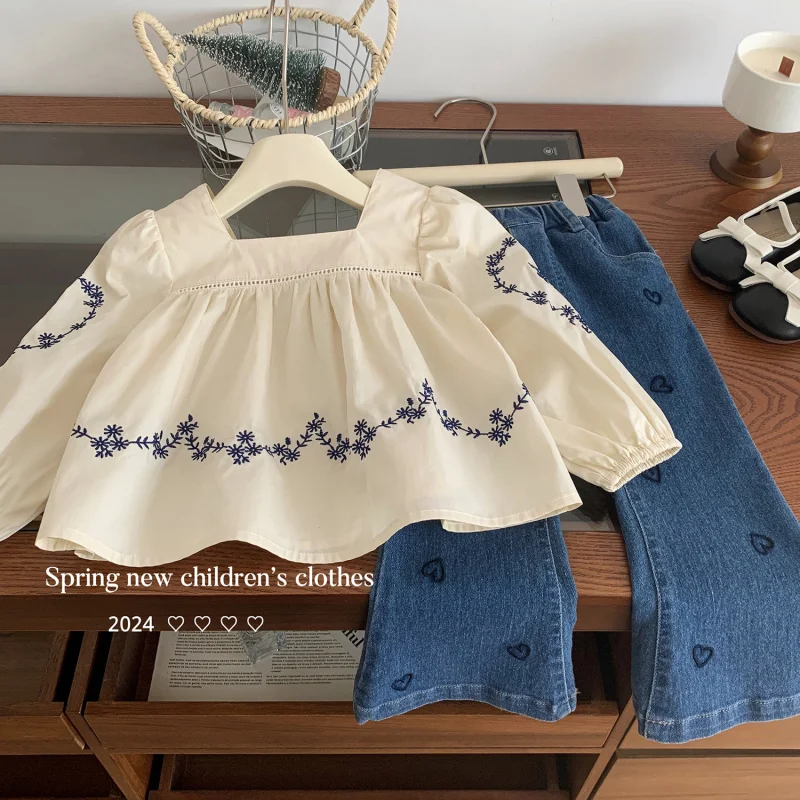 

Spring Collection Girls' Fashionable Long Sleeve Embroidered Doll Shirt+Heart Pattern Jeans for Kids