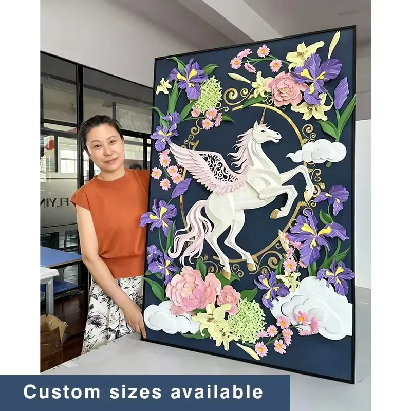 Art Deco 3D Artificial Paper Relief Wall Sculpture Year of the Horse Theme Wedding Birthday Home Hotel Lobby Wall Art