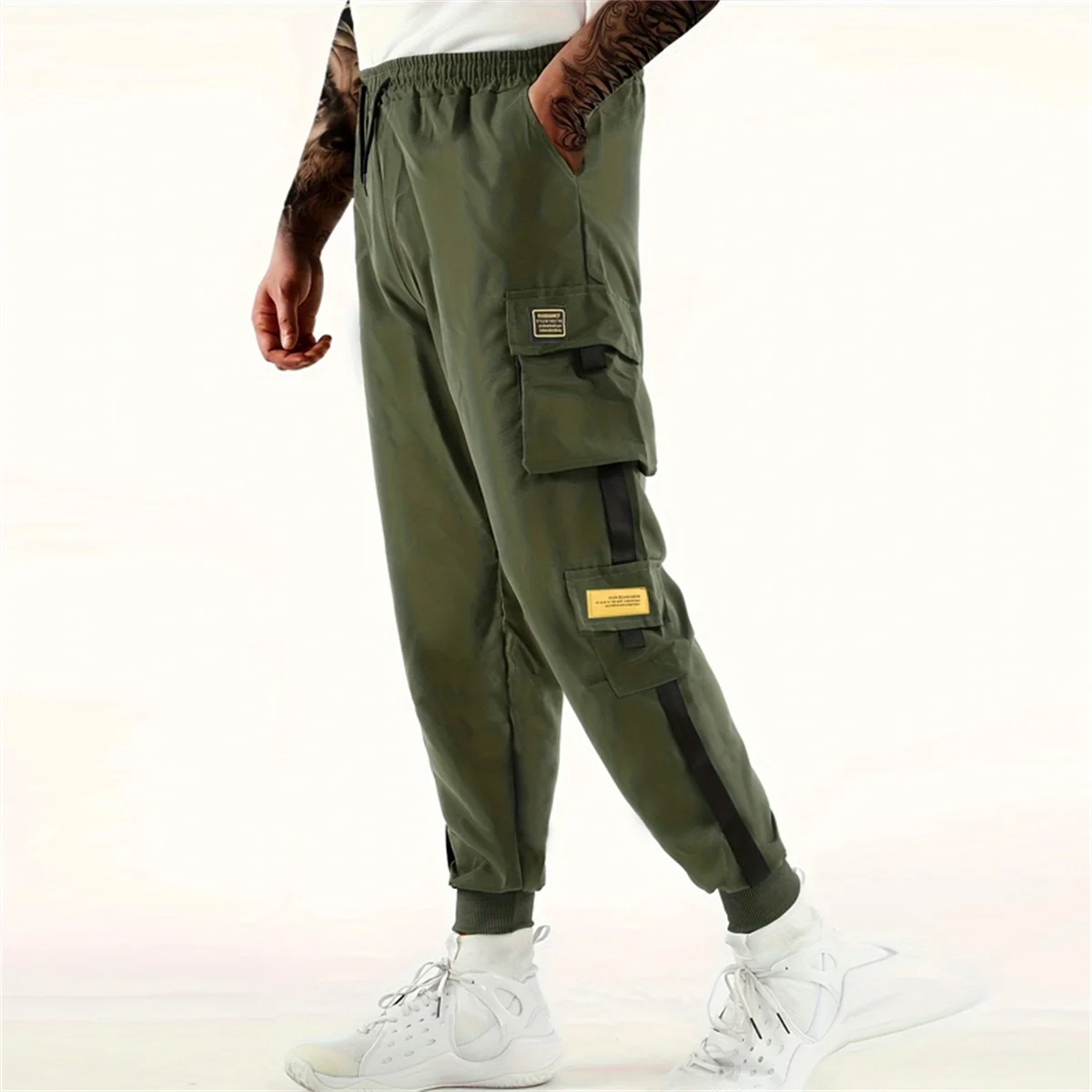 2025 Trendy Solid Color Pants, Multi Flap Pocket Men's Cargo Pants, Loose Casual Outdoor Hip Hop Pants, Men's Black Work Pants