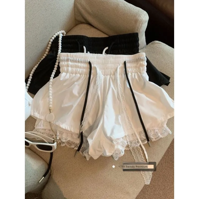 

Y2K Lace Splice Утягивающие широкие брюки Dstring Fem up Faion Комплект ort Length Layering Effect Модный студенческий orm