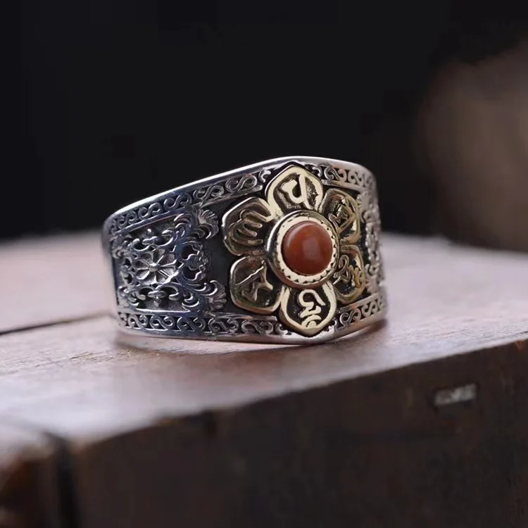 Retro Buddhist Six-character Mantra Lotus Opening Adjustable Ring for Men and Women Lucky Wealth Jewelry Ring