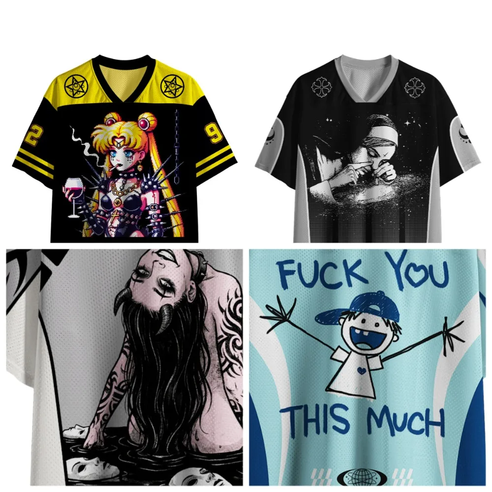 Gothic Football Jersey Vintage Print V‑Neck Short Sleeve Cropped Jersey Y2K Alt Punk Streetwear Harajuku Oversized Sport Tee
