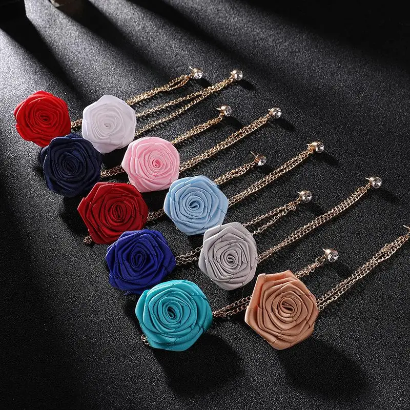 ⑧ Korean Bridegroom Wedding Brooches Cloth Art Hand-made Rose Flower Brooch Lapel Pin Badge Tassel Chain Men's Suit Accessories