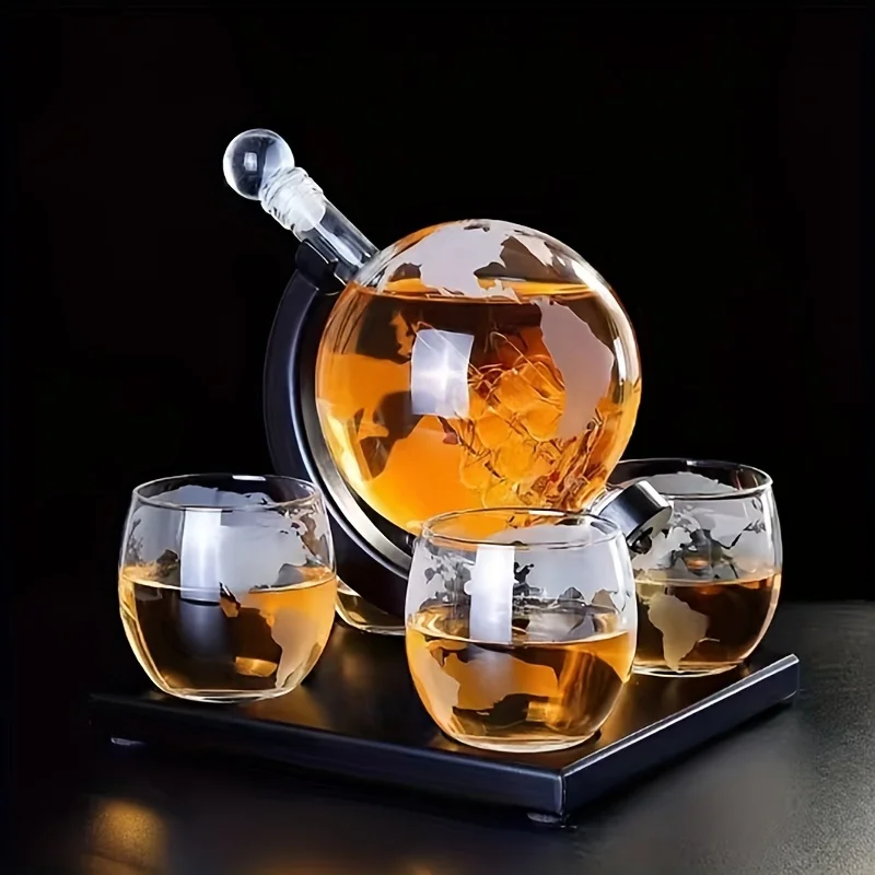 

Glass Bottle Set, Globe Whiskey Decanter Set With 4 Exquisite World Map Etched Glasses & Wood Base, Hand Blown Lead