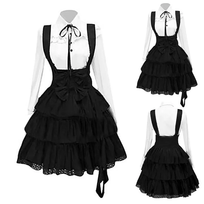 

Medieval Maid Dress Black Lolita Princess Skirt Suit Costume 2PC Costume 1PC Dress+1PC Bow Tie Pure Color Medium Skirt