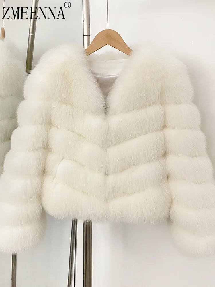 

ZMEENNA Womens White Fur Panel Jacket Cropped Winter Warm Coat Luxurious Elegant Party Outerwear Chic Fashion V Neck ZM3364