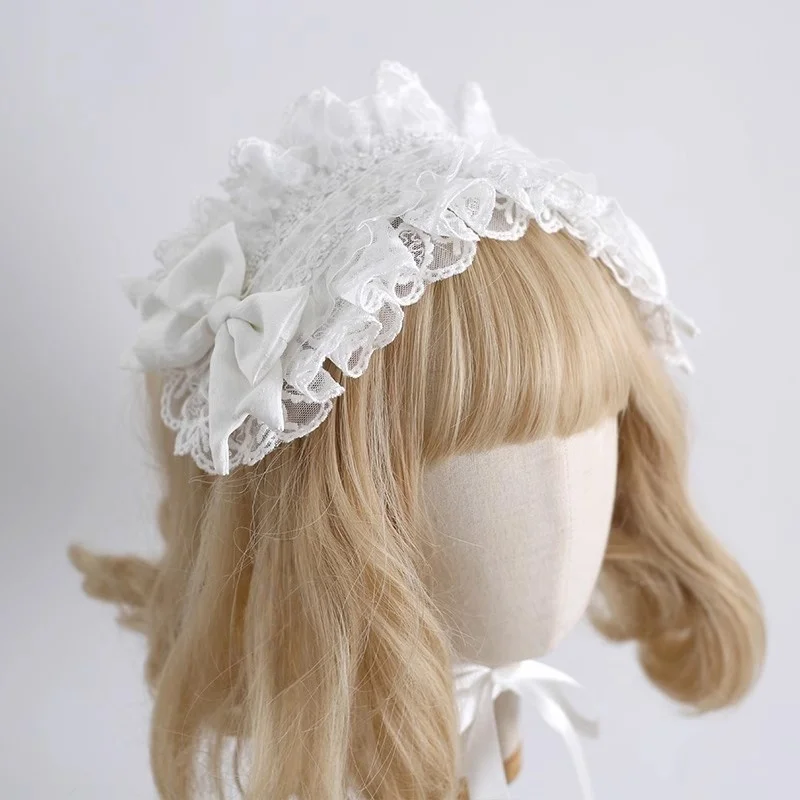 오리지널 핸드메이드 인형 화이트 빈티지 스몰 탑햇 로리타 레이스 보우 헤드밴드 여성용 스윗 KC 보닛 모자 액세서리