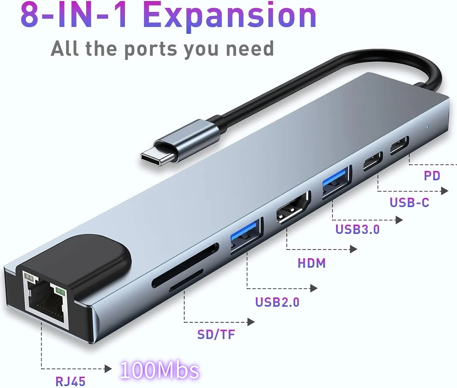 

USB C HUB, 8 in 1 USB C Adapter with 4K HD, 100W PD, USB C Port, USB 3.0, RJ45 Ethernet, SD/TF Card Reader, Docking Station