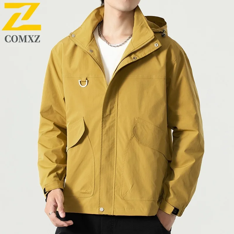 COMXZ Men Outdoor Sport Jacket Lightweight Water-Resistant Windbreaker with Hood for Hiking Camping Fishing Multi-Pocket Design