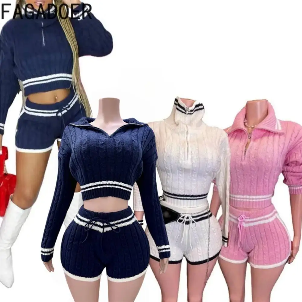 FAGADOER Sweet Knit 2 Piece Sets Women Outfit Female Lapel Zip Stripe Patchwork Crop Top And Drawstring Waist Shorts Suits New
