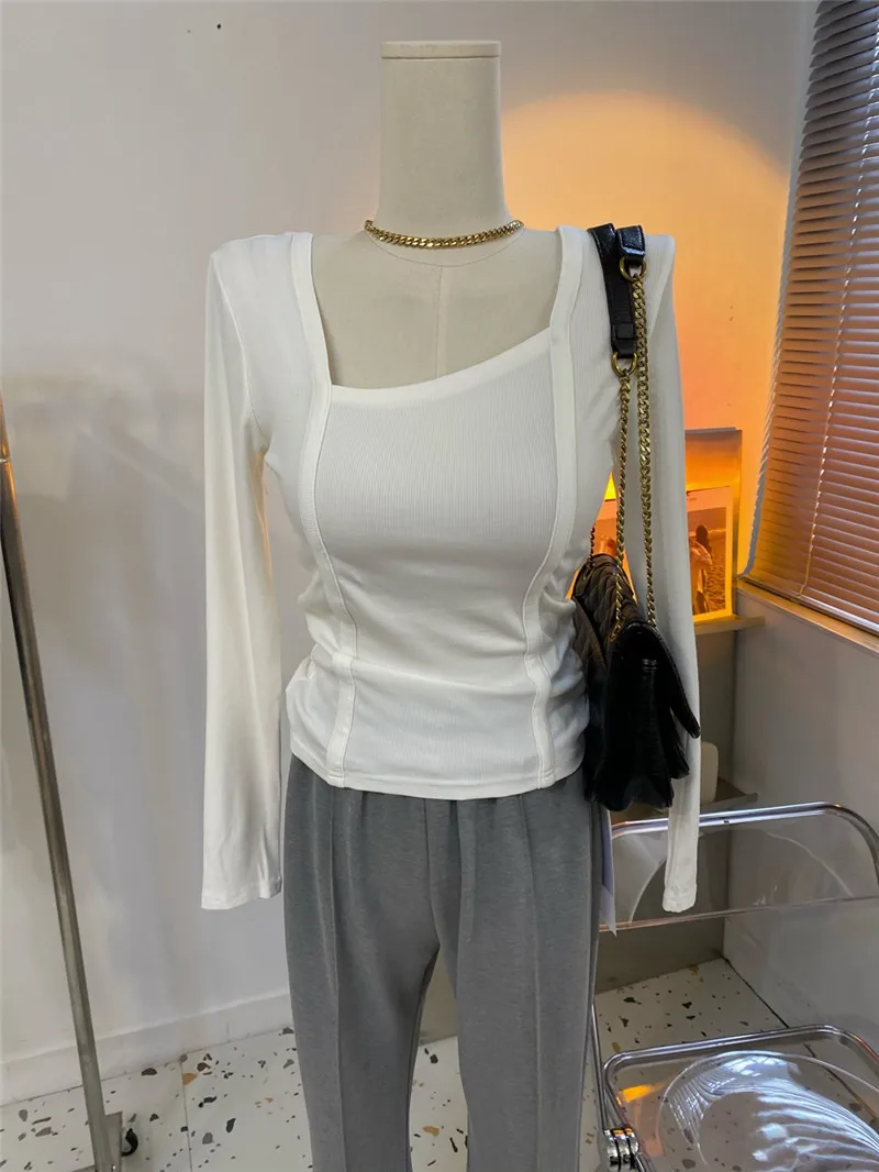 

Женская футболка с длинным рукавом Slim Fit, с квадратным вырезом, без этикетки, брендовая, высокого качества, в корейском стиле, из хлопка, для повседневной носки, осенняя мода