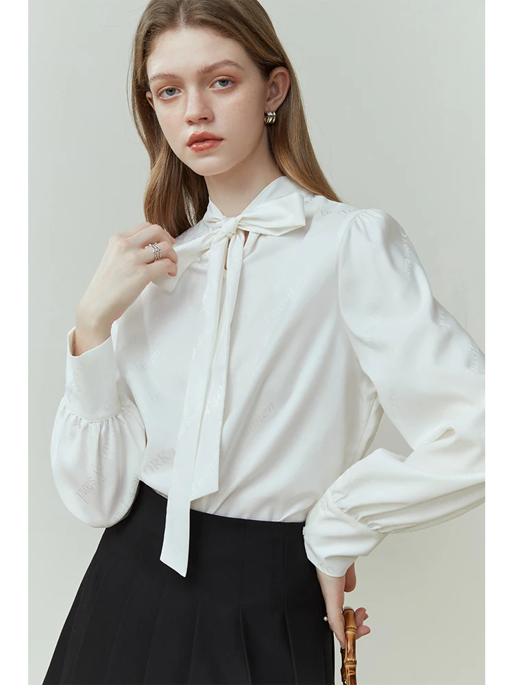 FSLE Korean Style Stand Collar Solid Shirt for Women Spring Autumn Double Wear Bow Ribbon Shirt Acetate Fiber Female Blouses